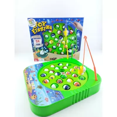 Jogo de pesca Toy Fishing com tabuleiro verde e 24 peixes coloridos em embalagem azul.