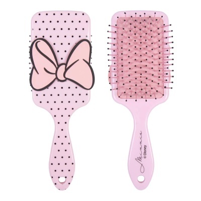 Escova de cabelo retangular rosa com bolinhas pretas e laço desenhado