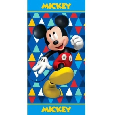 Toalha de banho azul com estampa do Mickey Mouse e padrões triangulares coloridos