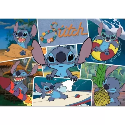Mosaico de desenhos de Stitch em várias poses com texto bordado Stitch florido