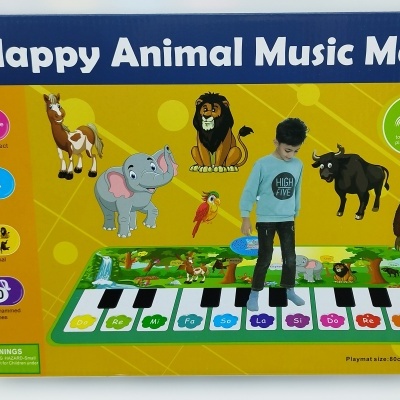 Embalagem do tapete musical infantil Happy Animal Music Mat com imagens de animais e teclas de piano coloridas.