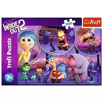 Caixa de puzzle Trefl Inside Out 2 com 200 peças e personagens coloridos do filme