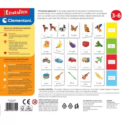 Caixa do jogo educativo 'Primeiras palavras' da Clementoni com imagens e texto em português europeu