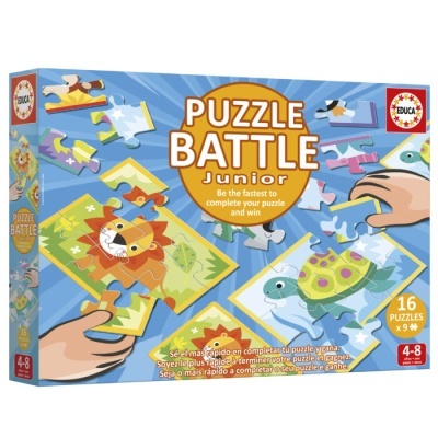 Caixa azul de Puzzle Battle Junior com imagens de leão e tartaruga e 16 puzzles de 9 peças cada.