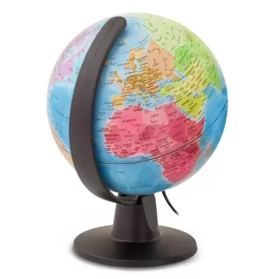 Globo terrestre colorido com suporte preto