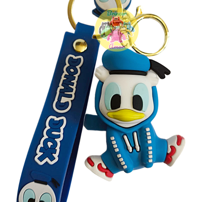 Porta-chaves em borracha com personagem Donald Duck e tira azul com texto
