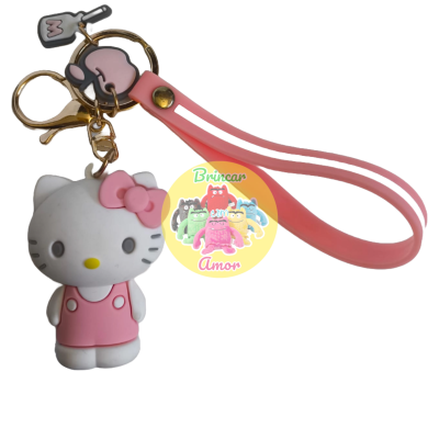 Porta-chaves Hello Kitty rosa com alça de silicone e pendentes metálicos
