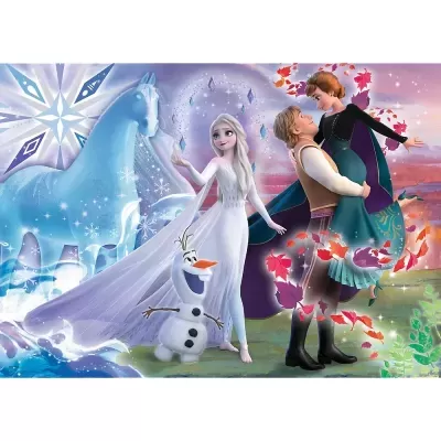 personagens animados do filme Frozen com vestido branco, vestido azul, cavalo azul e boneco de neve