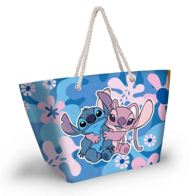 Saco de praia azul com personagens Stitch e Angel e padrão floral