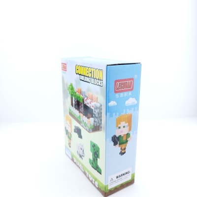 Caixa de blocos de construção com personagens pixelizados e texto