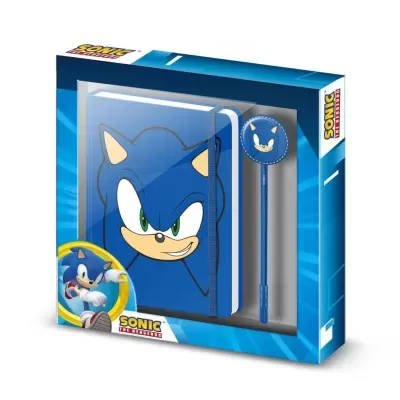 Conjunto caderno e caneta Sonic the Hedgehog em caixa azul