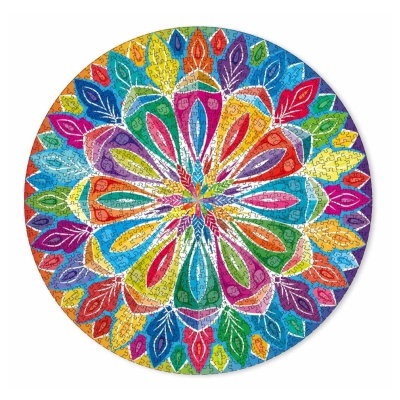Quebra-cabeças redondo com mandala colorida e folhas multicoloridas