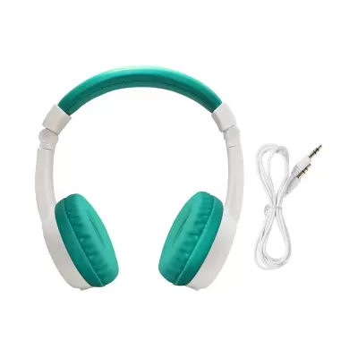 Cabeça de auscultadores branco e verde-azulado com cabo de áudio
