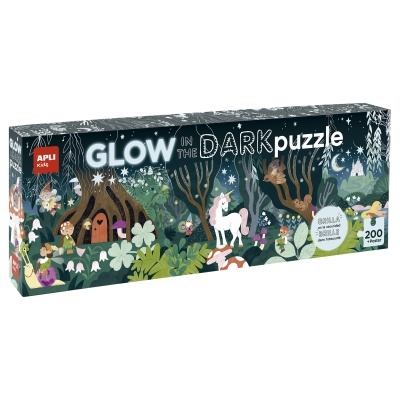 Quebra-cabeças Glow in the Dark APLI KIDS com 200 peças e ilustração de floresta noturna.