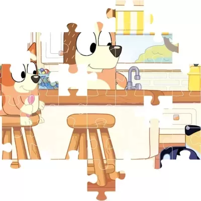 Quebra-cabeça com desenho animado de cães numa cozinha com móveis de madeira e utensílios.