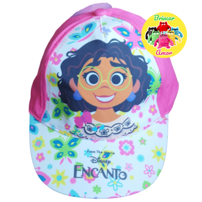 Boné infantil Disney Encanto com personagem feminina sorridente e padrão floral colorido