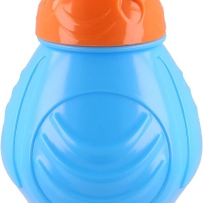 Garrafa desportiva azul e laranja com tampa azul de bico flexível