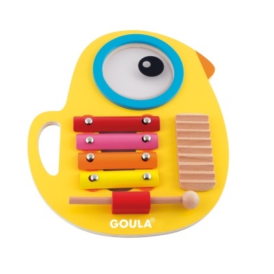 Instrumento musical infantil amarelo com xilofone e pandeiro