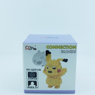 Caixa de blocos de construção com personagem amarelo parecido com Pikachu