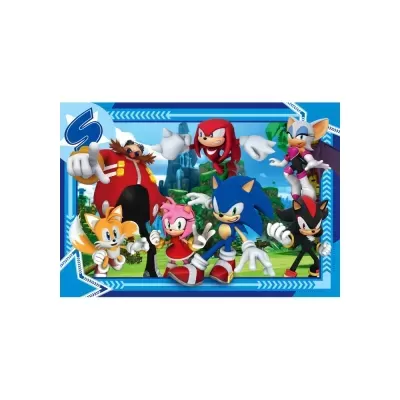 Personagens animados do Sonic em fundo paisagem verde com moldura azul