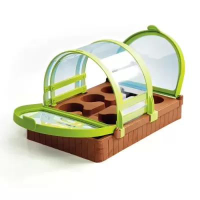 Mini estufa de cultivo plástica castanha e verde com tampas transparentes e compartimentos internos