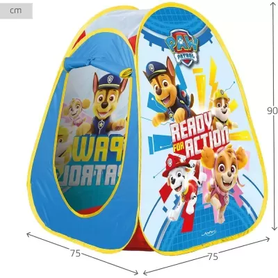 Tenda infantil azul com personagens da PAW PATROL e texto READY FOR ACTION