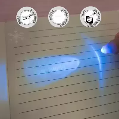 Página de caderno com linhas e caneta iluminada a azul destacando mancha azul com três círculos e textos no topo