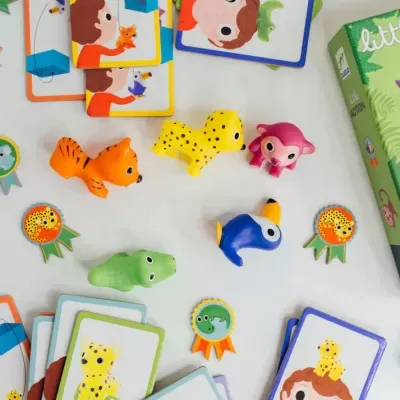 Jogo de cartas e figuras de animais coloridos sobre fundo branco