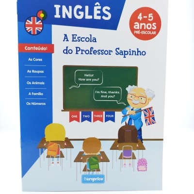 Livro infantil educativo de inglês para 4-5 anos com capa ilustrada de sala de aula