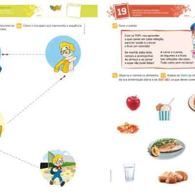 Página de livro com desenhos de crianças e alimentos com texto em português