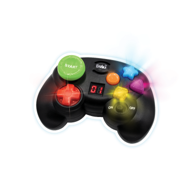 Comando Buki de videojogos preto com botões coloridos