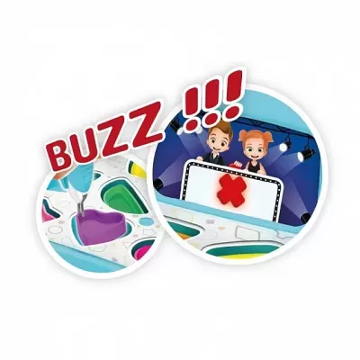 Imagem colorida de jogo digital com personagens e texto BUZZ!!!