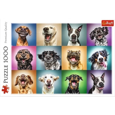 Caixa de puzzle Trefl com 1000 peças, ilustrada com fotografias de cães em fundo colorido