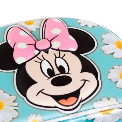Face da Minnie Mouse com laço rosa e fundo azul com flores margaridas