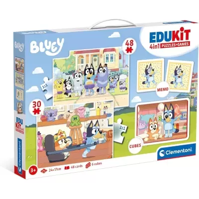 Caixa do jogo Edukit 4in1 Puzzles+Games com imagens de personagens Bluey.