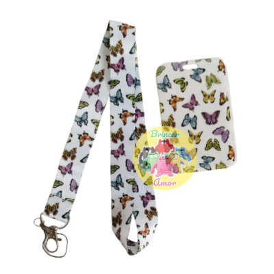 Cordão e porta-cartões com padrão de borboletas coloridas
