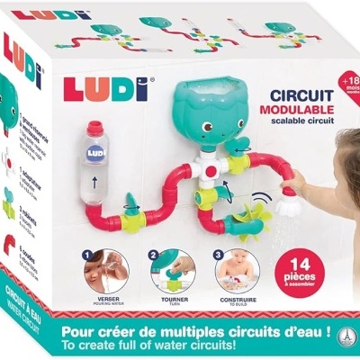 Caixa do brinquedo LUDI Circuito Modulável com peças coloridas para montar circuitos de água para crianças.