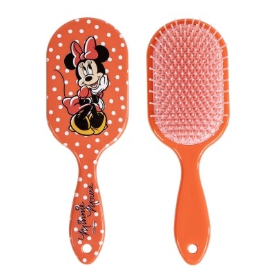 Escova de cabelo laranja com imagem da Minnie Mouse e padrões de bolinhas brancas