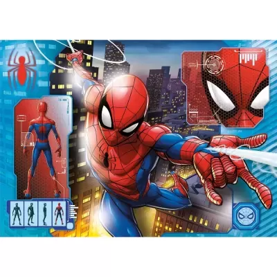 Desenho do Homem-Aranha vermelho e azul em pose dinâmica a lançar teia numa cidade ao entardecer com gráficos tecnológicos.