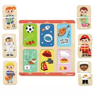Jogo de peças de madeira com profissões e objetos coloridos para crianças