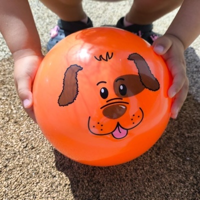 bola laranja com rosto de cão desenhado nas mãos de criança