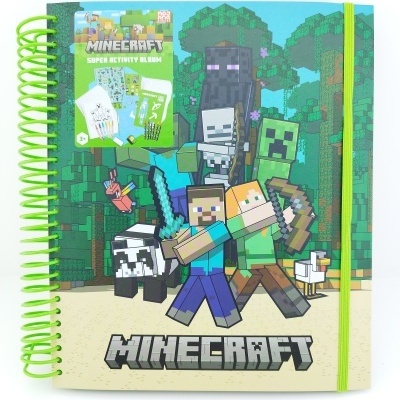 Caderno espiral capa rígida com personagens Minecraft e texto na capa