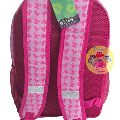 Mochila rosa com alças estampadas e etiqueta Stitch