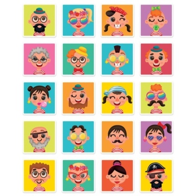 Vinte rostos caricatos coloridos em quadrados distintos com vários acessórios