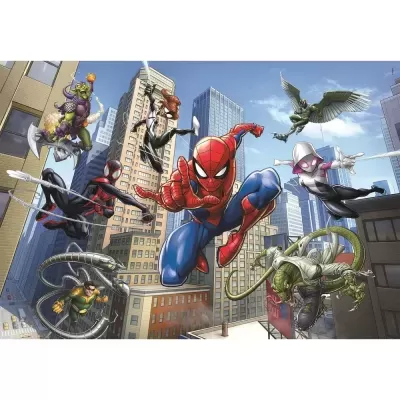 Ilustração colorida do Homem-Aranha e personagens Marvel em prédios altos de cidade