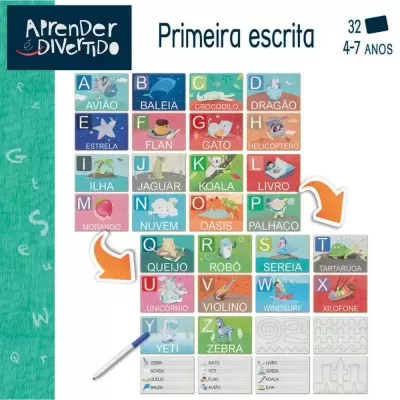Jogo educativo de cartas coloridas para aprendizagem do alfabeto em português.