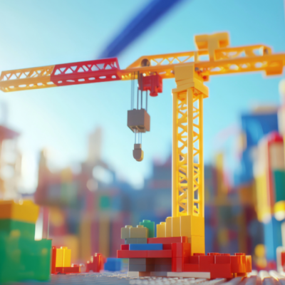 Modelo de grua de construção de blocos de plástico amarelo e vermelho em fundo colorido desfocado