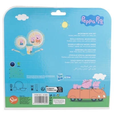 Conjunto de louça infantil Peppa Pig com embalagem azul, personagens desenhados e texto multilingue