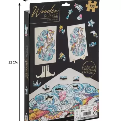 Emblaegem preta de puzzle de madeira com desenho de unicórnio colorido e texto