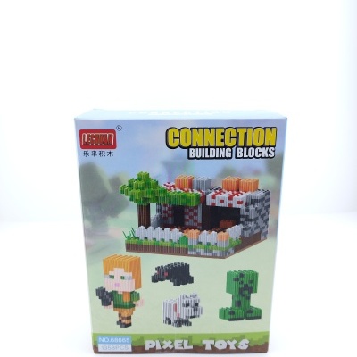 Caixa de blocos de construção Connection Building Blocks com figuras pixelizadas e cenário.